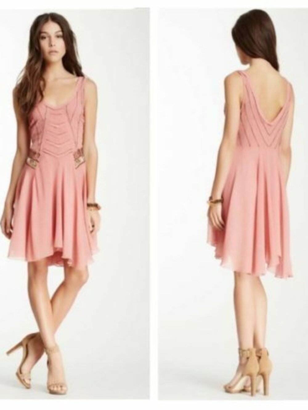 Free People Pop Champagne Beaded Embellished Peach Tunic Dress XS #507